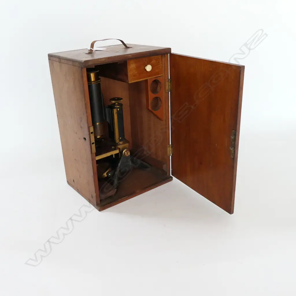 LACQUERED & BRASS MICROSCOPE, CAST TRIPOD STAND BARREL ENGRAVED 'MEDICAL SUPPLY ASSn, AGENTS for J.PARKES & SON. IN BOX Image 1++